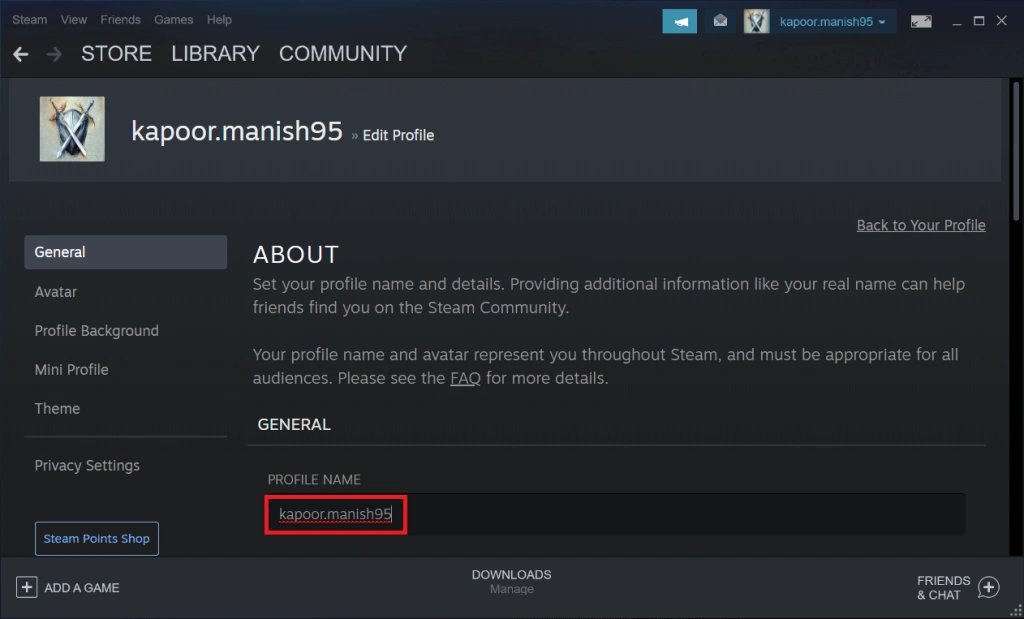 تغییر نام کاربری از طریق صفحه تنظیمات عمومی در Steam انجام می‌شود.