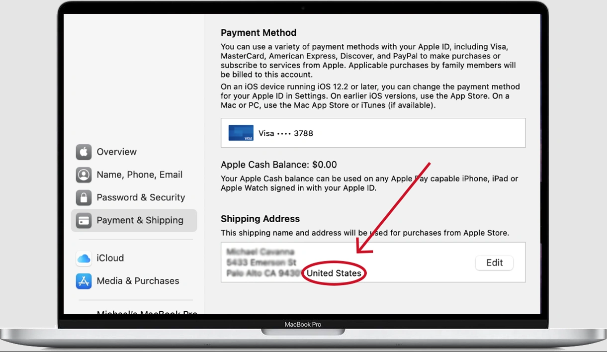 در تنظیمات Payment & Shipping مک میتوانید به کشور اپل ای دی خود برسید.