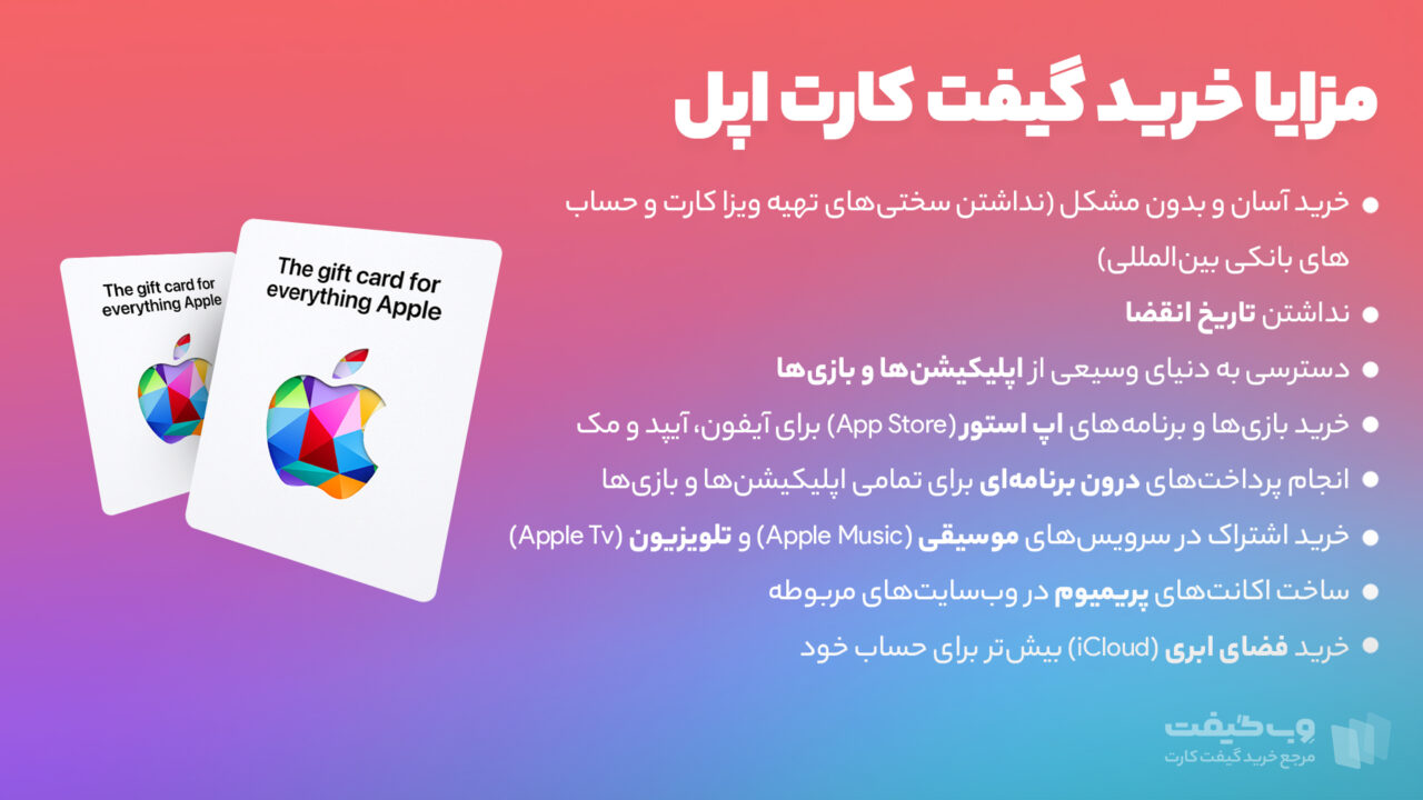 خرید گیفت کارت اپل، مزایا و کاربردهای بسیار زیادی برای شما دارد که می توانید با استفاده از آن محصولات مختلفی را از فروشگاه آیتونز و اپل استور خریداری کنید.