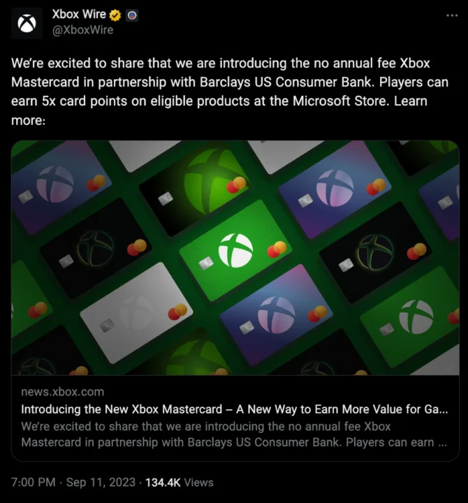 توئیت رسمی مایکروسافت در مورد سرویس Xbox Mastercard